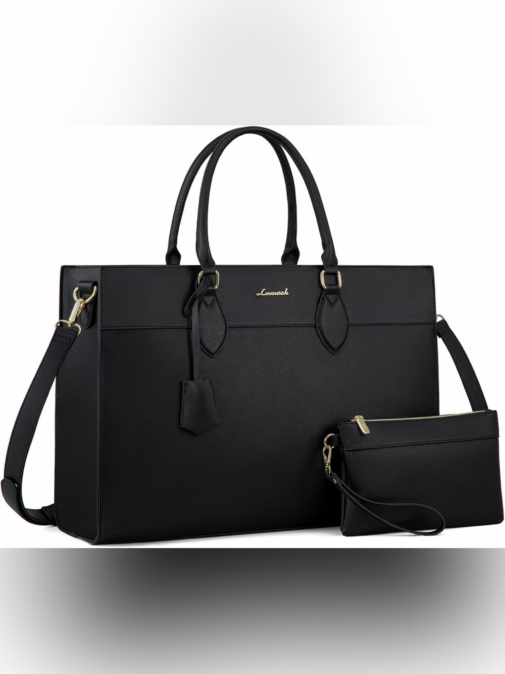 LOVEVOOK Leather Laptop Bag and Clutch 2-Piece Set Black